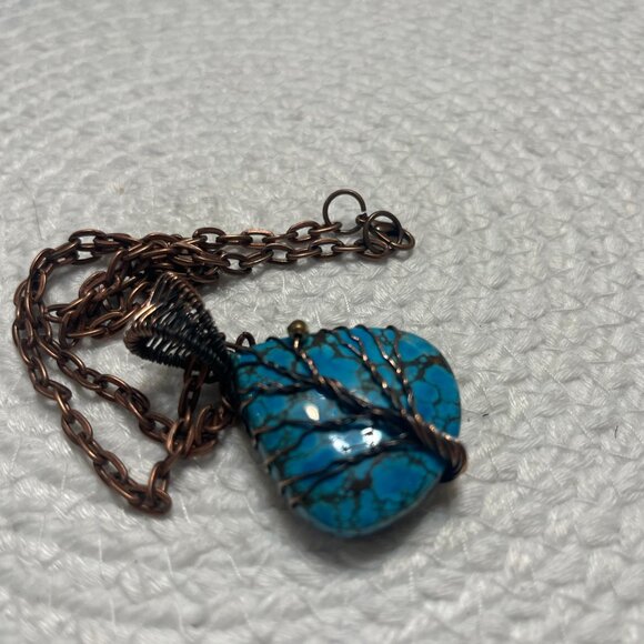 Rustic TURQUOISE COPPER TEARDROP WIRE-WRAPPED TREE Handmade Pendant/Chain #188D - Picture 3 of 3